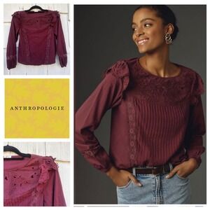Anthropologie TINY Burgundy Lace Eyelet Pleated Ruffle Blouse XS Long Sleeve